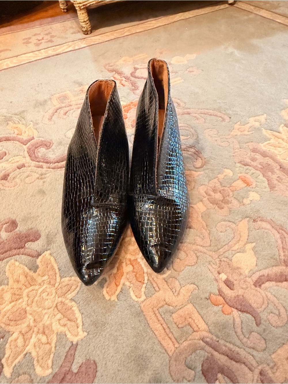 Black Croc-Embossed Pointed Toe Ankle Boots